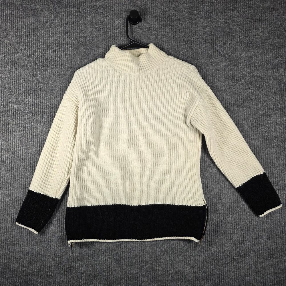 Cynthia Rowley Chenille Mock Neck Sweater Ivory Black Side Zip Size Small